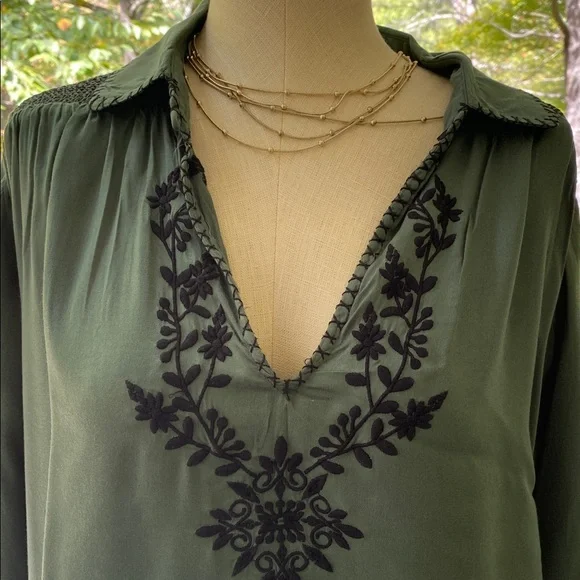 NATURAL LIFE Olive Green Blouse with Black Embroidery - Picture 2 of 16